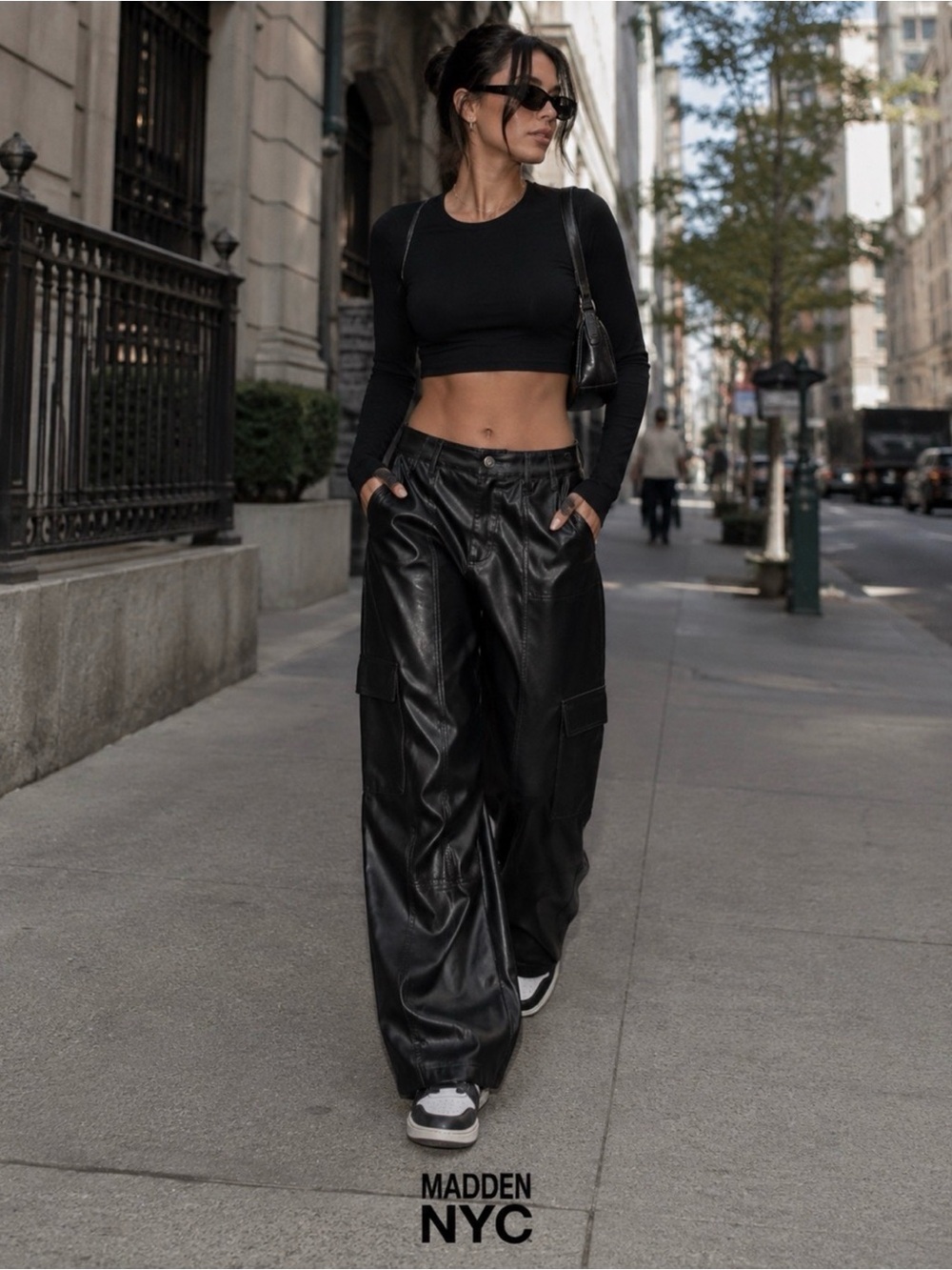 Madden NYC Black Faux Leather Wide-Leg Cargo Pants